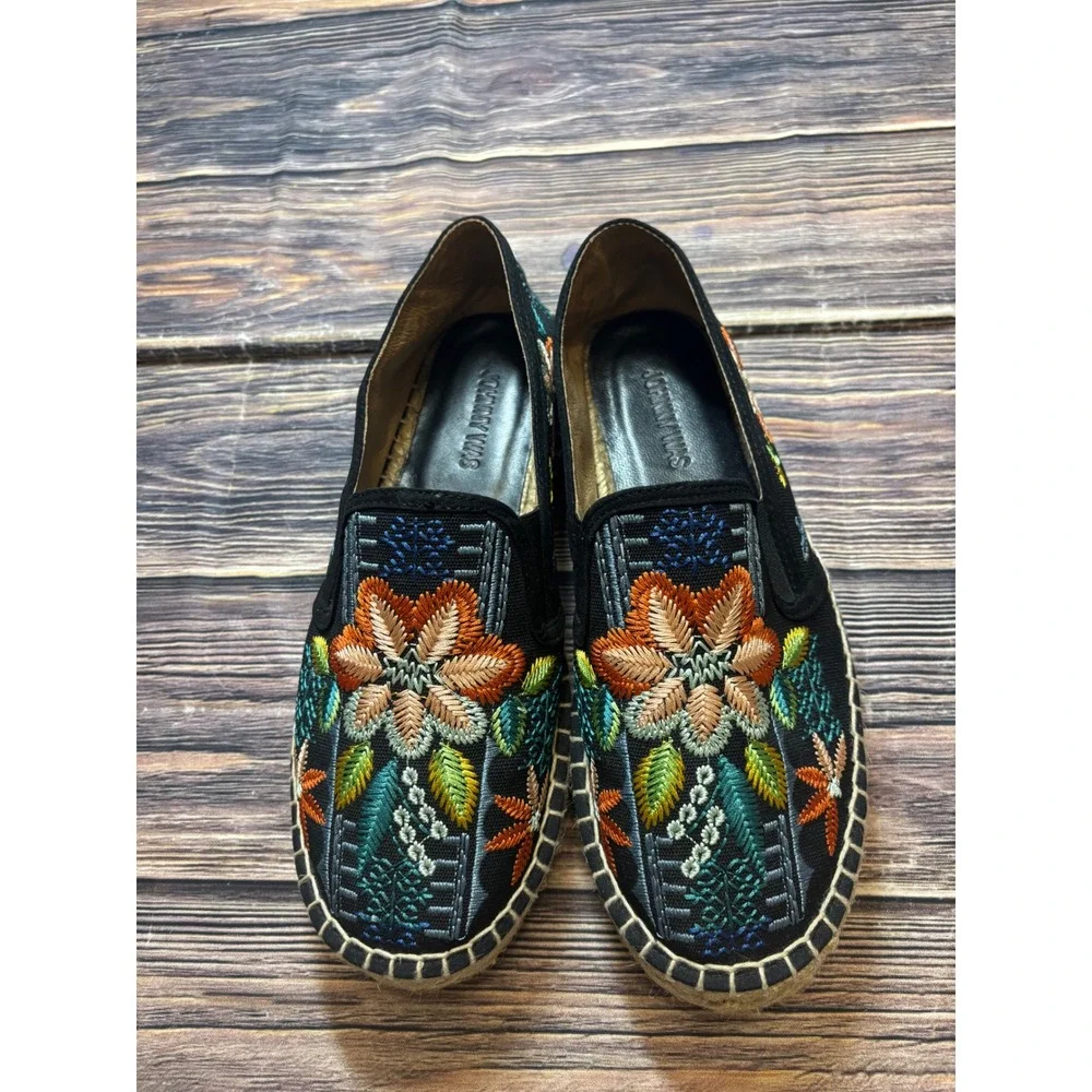 Johnny Was Espadrille Flats Womens EU 41 Black Embroidered Floral Canvas Slip On